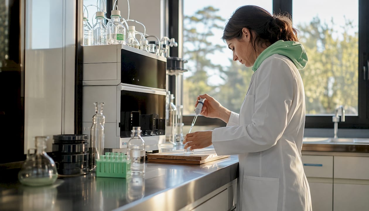Une technicienne effectue un prélèvement de liquide au sein du laboratoire.