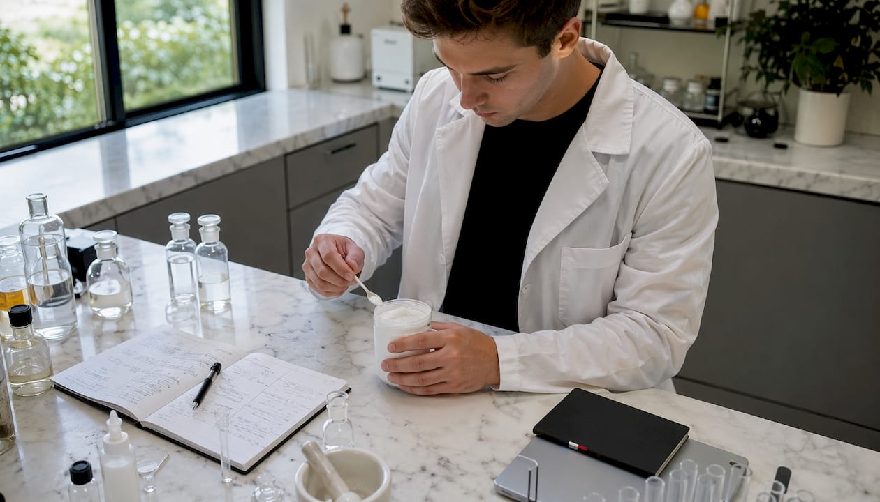 Un jeune chercheur manipule de la poudre d’isolat de CBD dans un laboratoire.