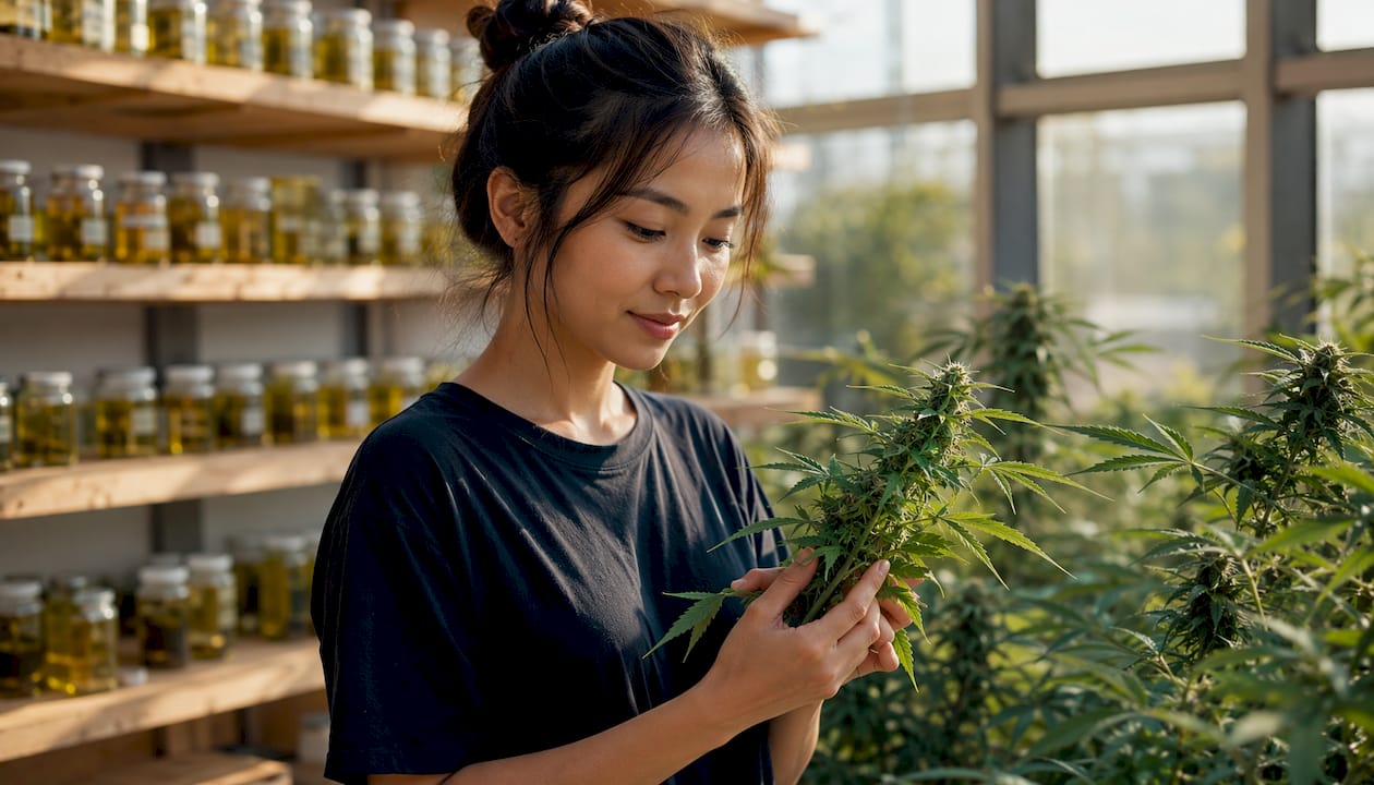 Des mains tiennent délicatement une plante de chanvre destinée à l’extraction d’un extrait à spectre complet.