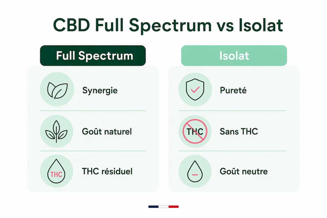 Infographie : les différences essentielles entre le CBD full spectrum et l’isolat, à travers les points clés à retenir