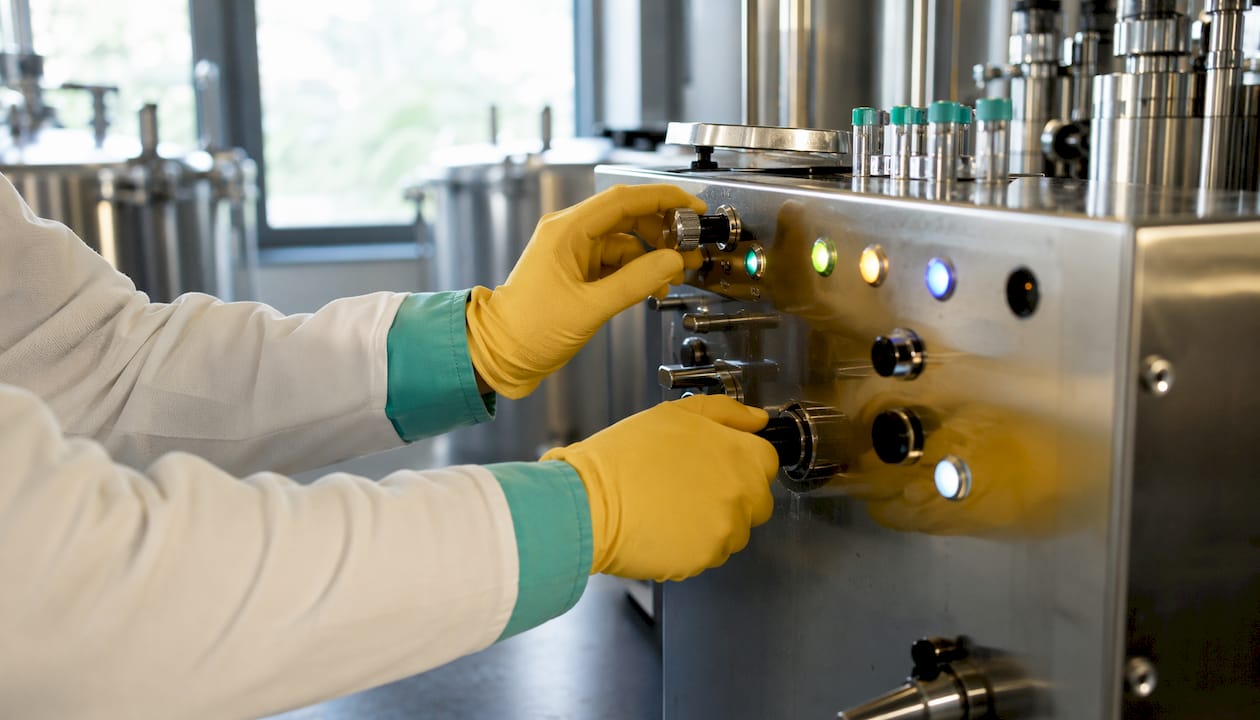 Pesticides, métaux lourds et solvants dans le CBD : guide 2026 - Pure Extract CBD Les mains d’un technicien en pleine manipulation lors du procédé d’extraction du CBD au CO2.