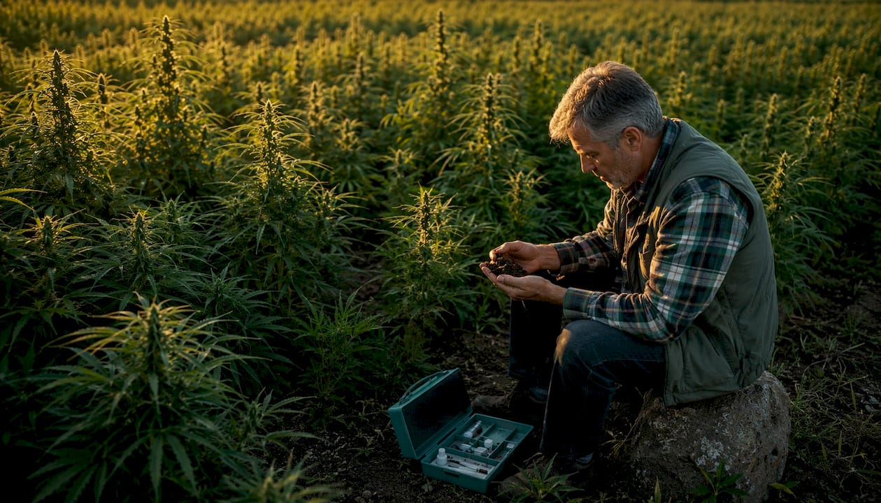 Pesticides, métaux lourds et solvants dans le CBD : guide 2026 - Pure Extract CBD Un agronome analyse la qualité du sol pour la culture du cannabis et du chanvre.