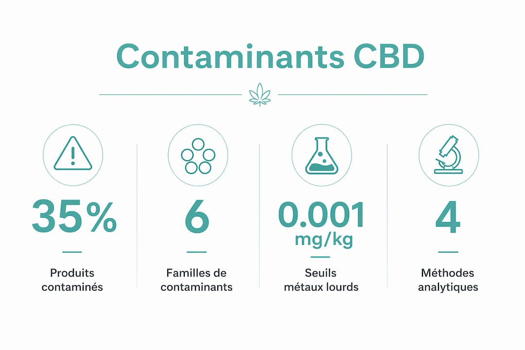 Pesticides, métaux lourds et solvants dans le CBD : guide 2026 - Pure Extract CBD Aperçu visuel des principaux contaminants présents dans le CBD et des seuils à respecter
