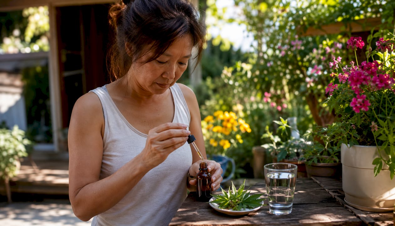 Dans sa cuisine, une femme prend le temps de doser avec précision son huile de CBD, veillant à obtenir la quantité idéale pour son bien-être.