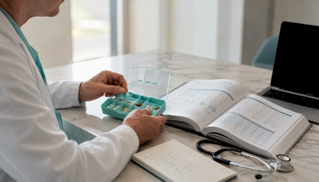 Des mains trient des médicaments tout en consultant un ouvrage de référence en pharmacologie.