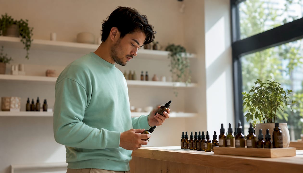 CBD intense légal en France : conditions et conformité 4 Un client en train d’examiner des produits à base de CBD dans une boutique spécialisée.
