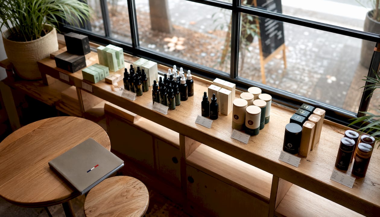 Rayon de magasin proposant une sélection de produits CBD, aussi bien haut de gamme que classiques.