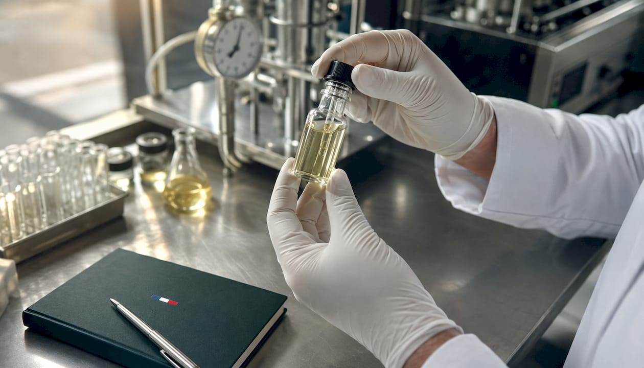 Des mains manipulent un flacon d’extrait de CBD dans un laboratoire.