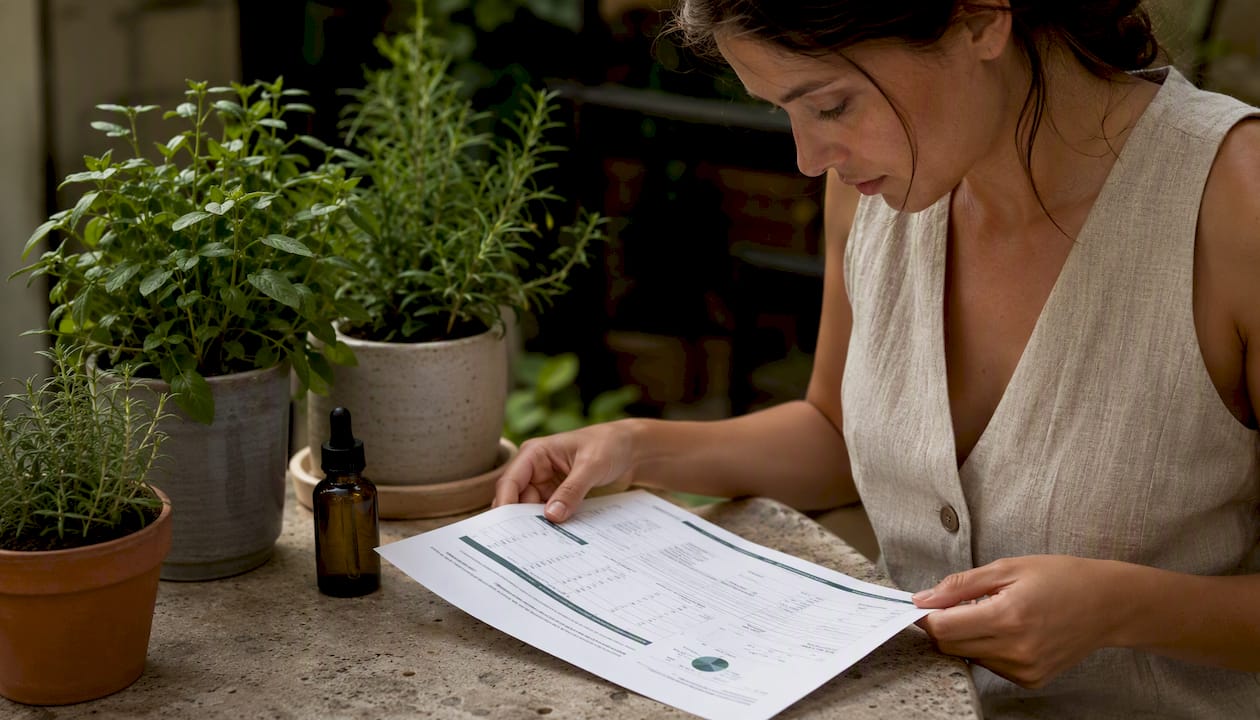 Hands display a CBD analysis certificate