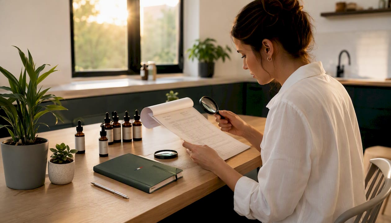 Una mano che esamina un certificato di analisi del CBD