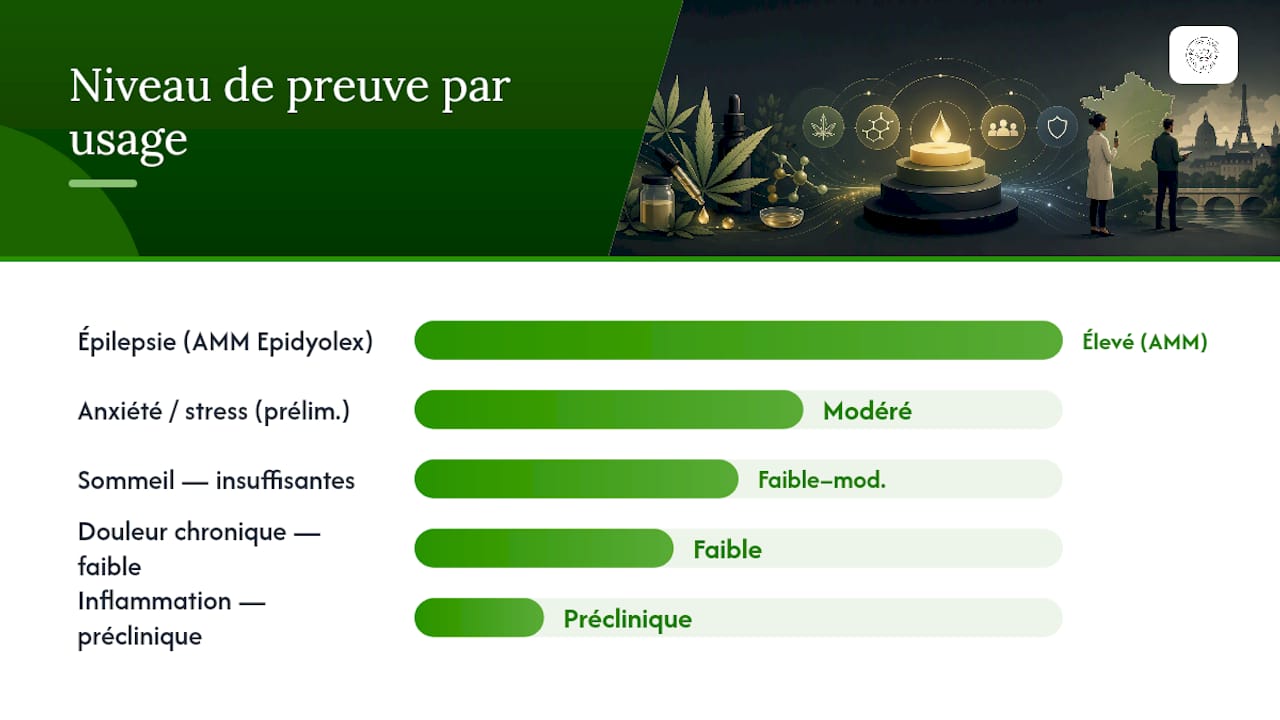 Cannabidiol définition : ce qu'il faut savoir en France 4 Schéma des différentes applications du CBD et du niveau de validation scientifique associé à chacune