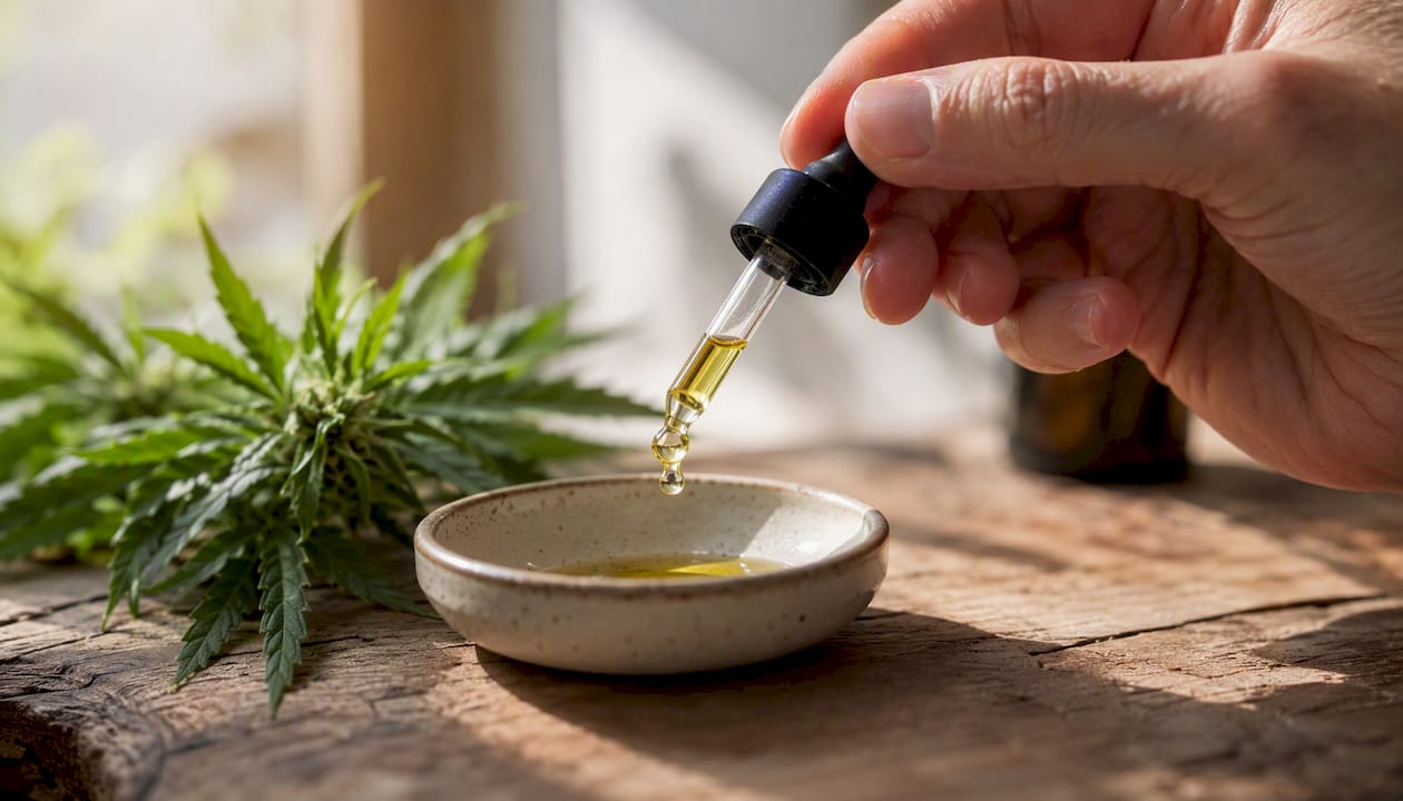 A hand delicately pours CBD oil in a warm and natural atmosphere at home.