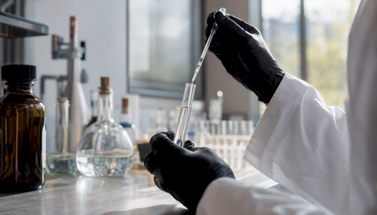 Cannabinoid safety in France: prevention guide 2026 3 Gloved hands manipulate a pipette on the laboratory bench.