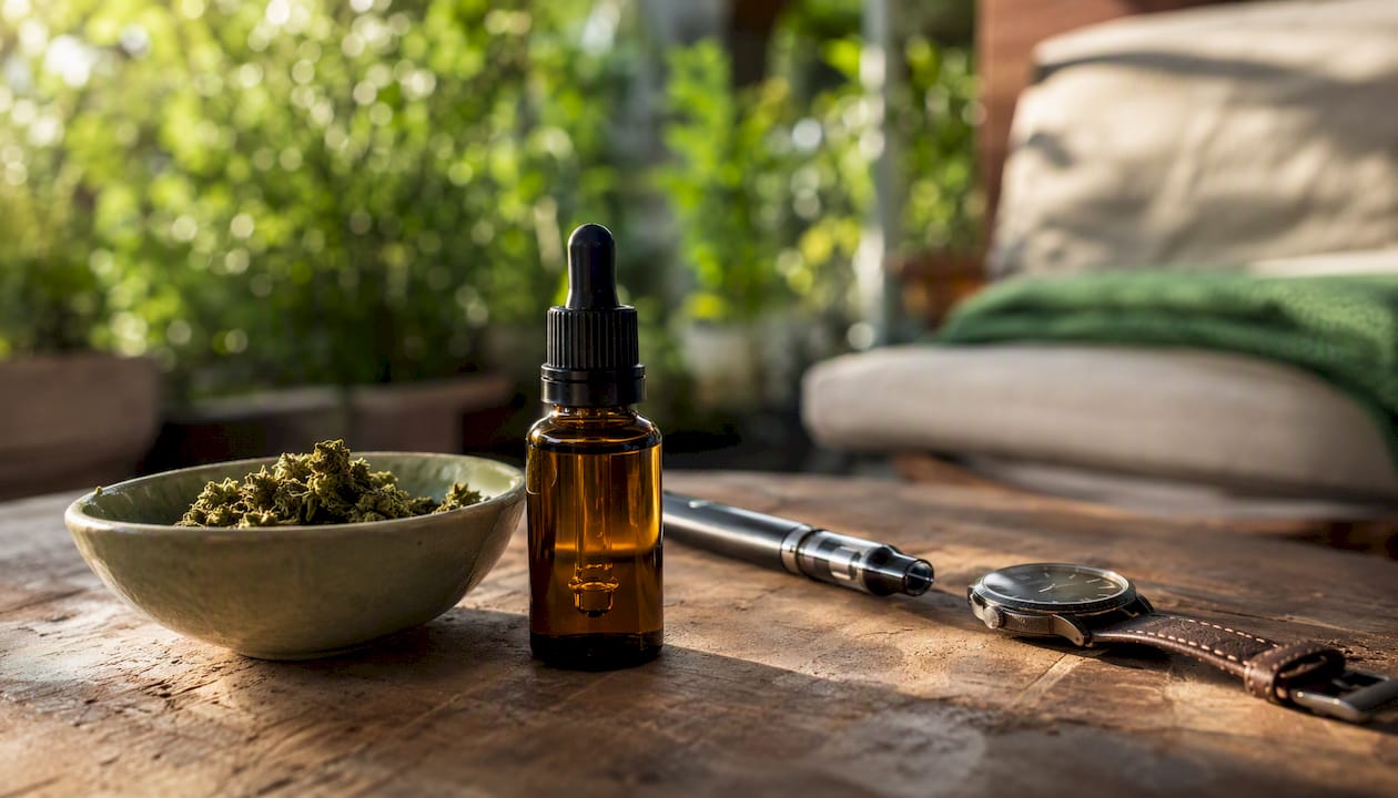 Test salivaire CBD : le THC détecté, jamais le CBD lui‑même 3 Des produits à base de cannabis accompagnés d'une montre illustrant le moment de leur consommation