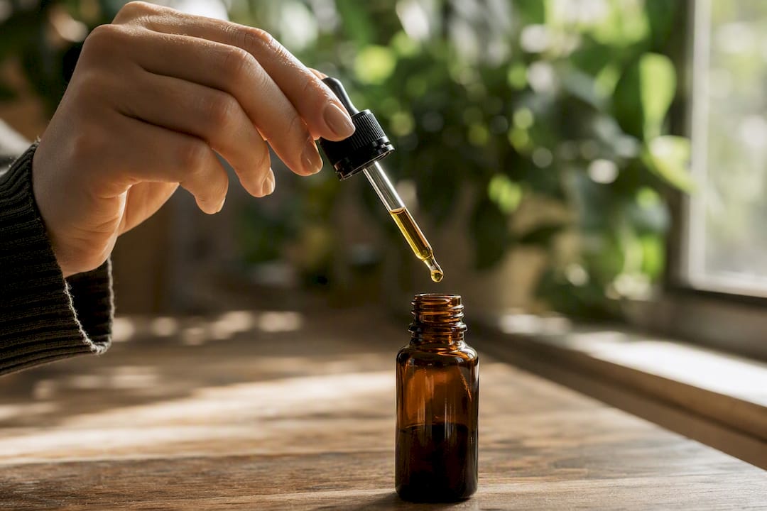 T9HC c'est quoi : définition, effets, légalité et risques 2 Une main tient une pipette de CBD au-dessus du flacon, prête à déposer quelques gouttes.