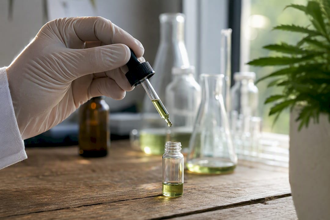 THV‑N10 : c'est quoi ce néo‑cannabinoïde qui inquiète l'ANSM ? 2 Une main gantée manipule une pipette au sein d’un laboratoire.