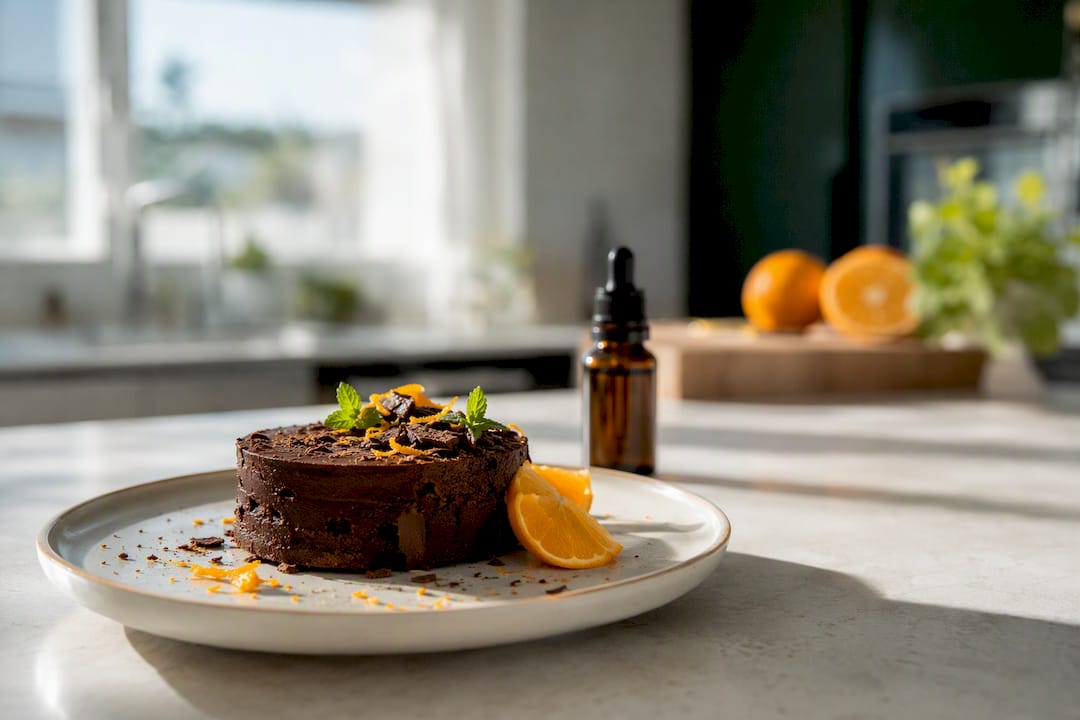 Dessert au chocolat noir avec zeste d'orange et huile de CBD