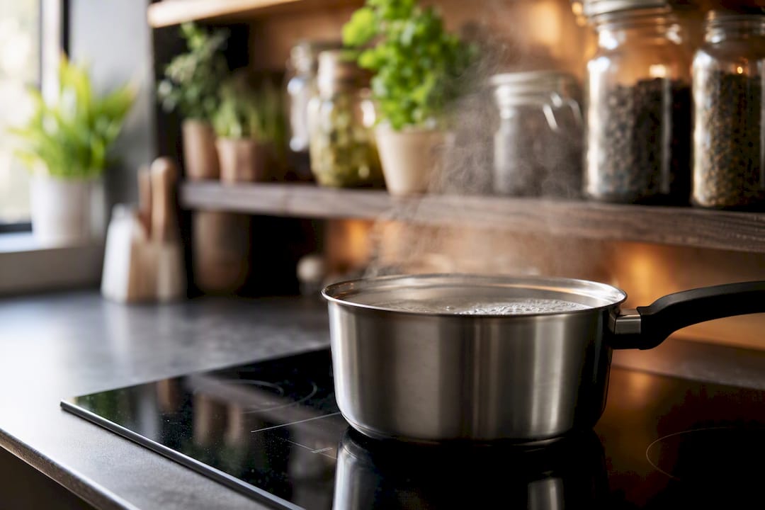 Poêle mijotant à feu doux sur une cuisinière à gaz