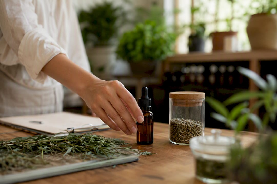 Flacon d'huile de CBD lors d'une consultation en pharmacie