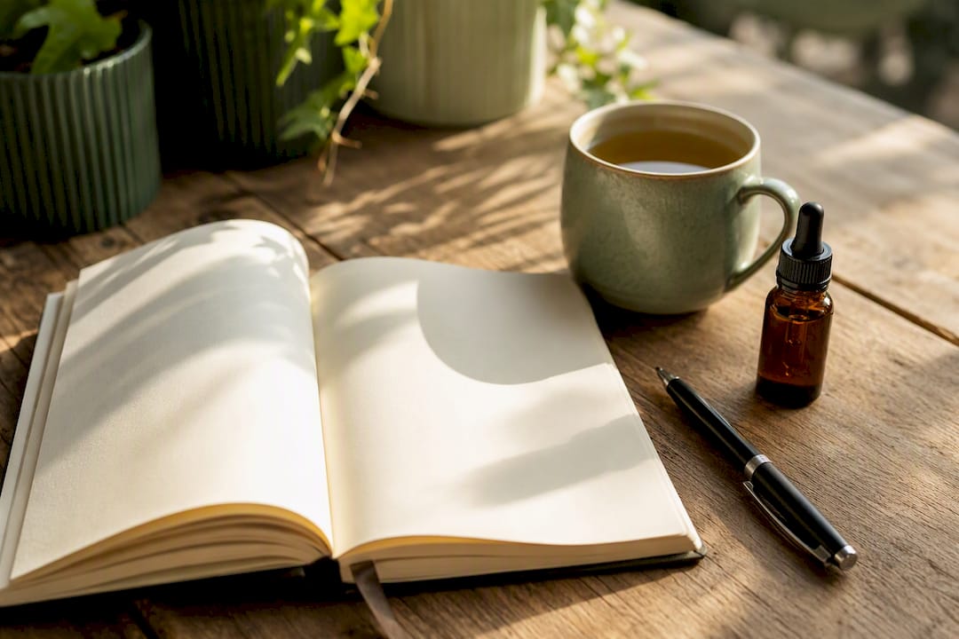 Un carnet avec de l'huile de CBD et un stylo posés sur la table de chevet