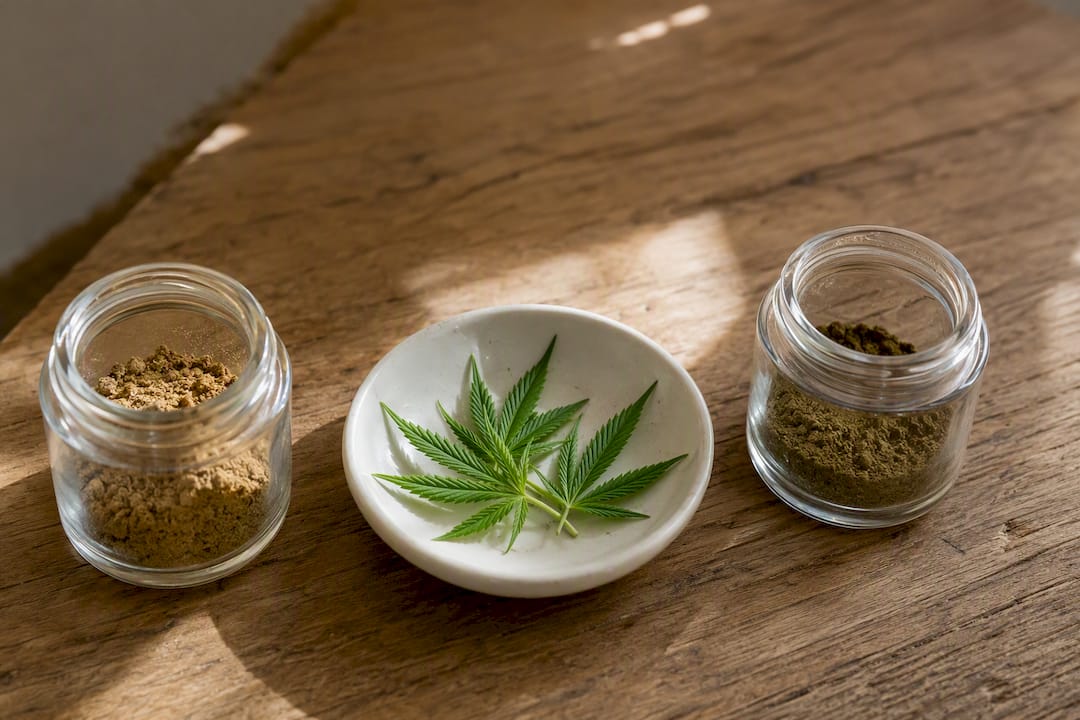 Deux bocaux contenant des extraits de plantes représentant le CBD et le THC