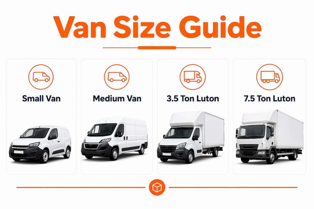Infographic illustrating different van sizes and uses for moving