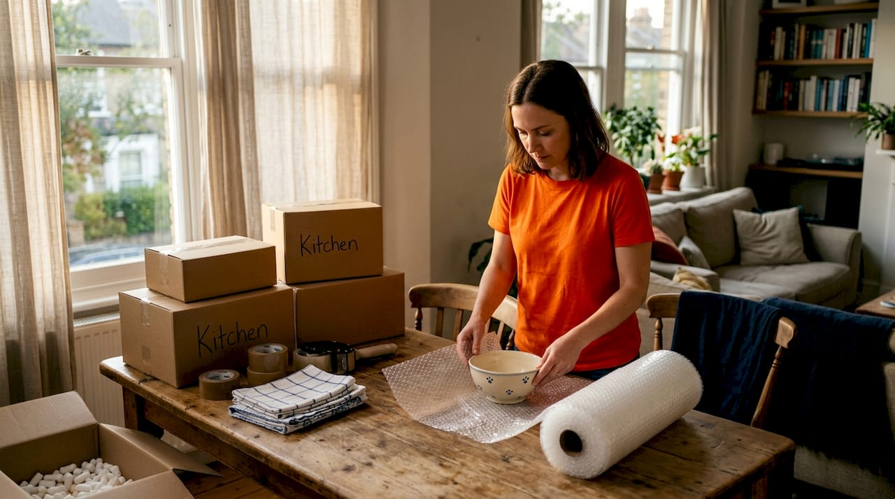 Hands wrapping fragile bowl in bubble wrap