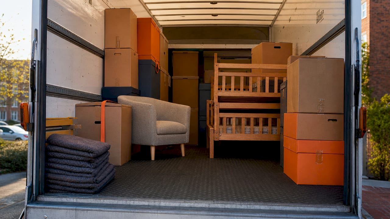 Overhead view of packed furniture and boxes inside large van