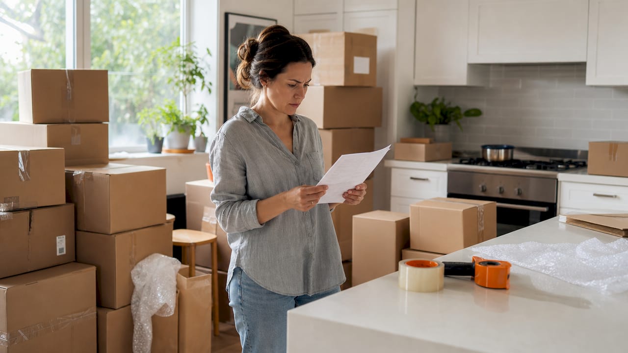 Woman packing and organizing moving boxes