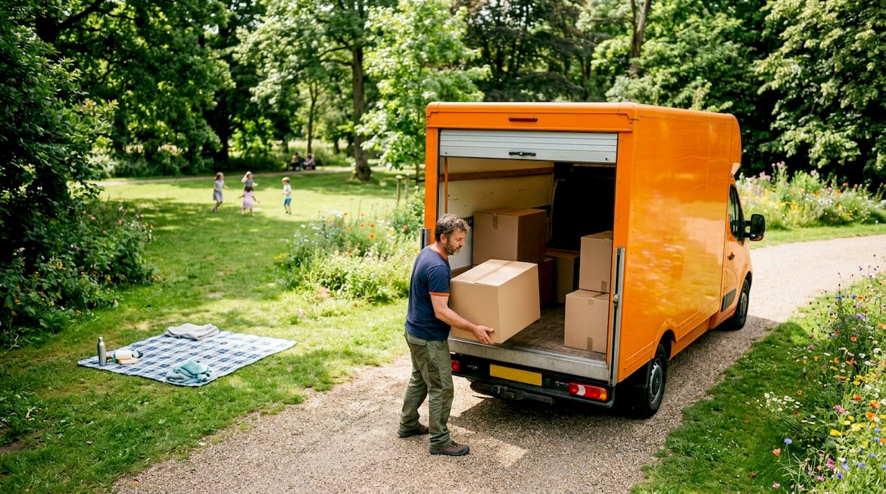 Man loading boxes into moving van outside home