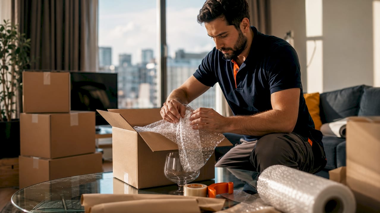 Removal worker packing fragile items carefully