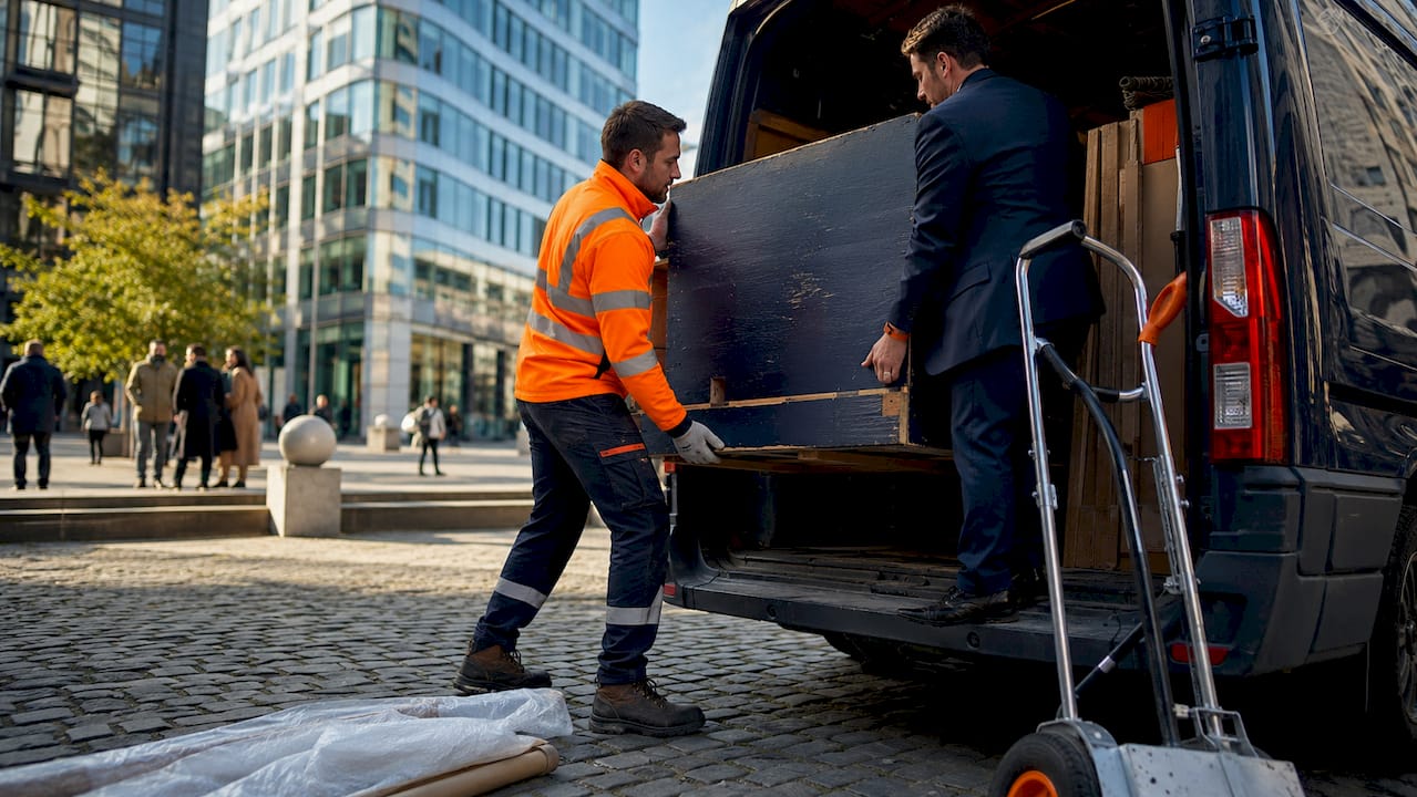 Man loading moving van on London street