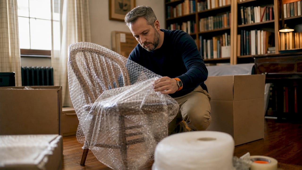 Man wrapping chair for furniture storage