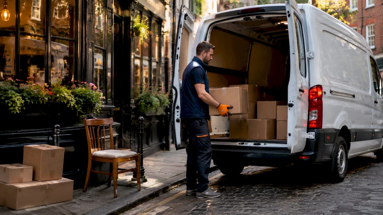 Man loading transit van on London street