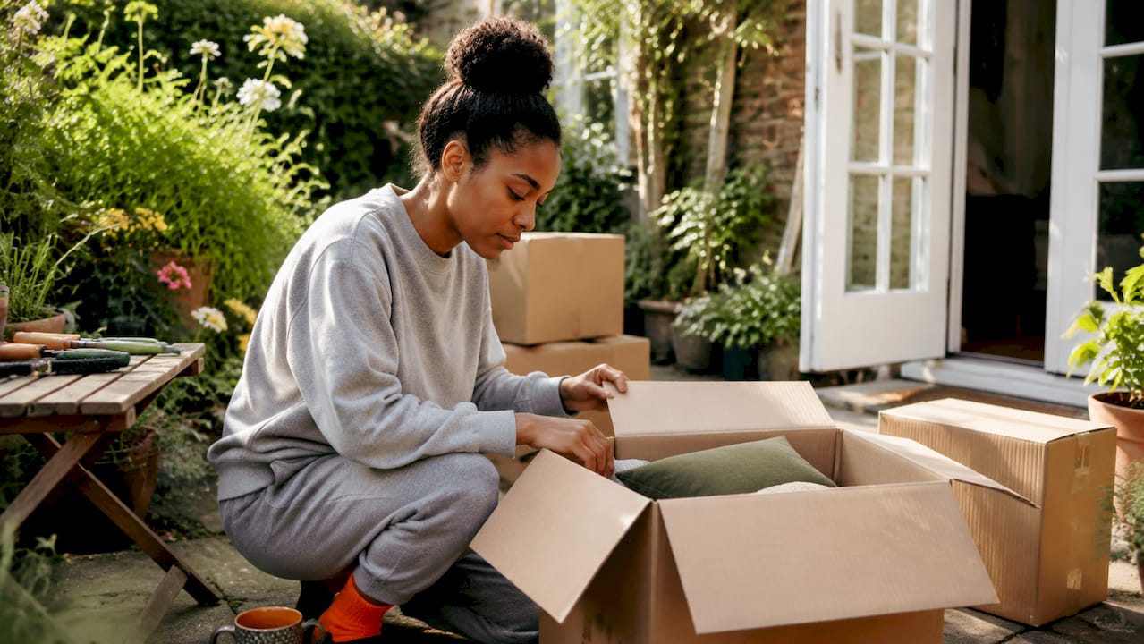 Woman organizing packed boxes in London flat