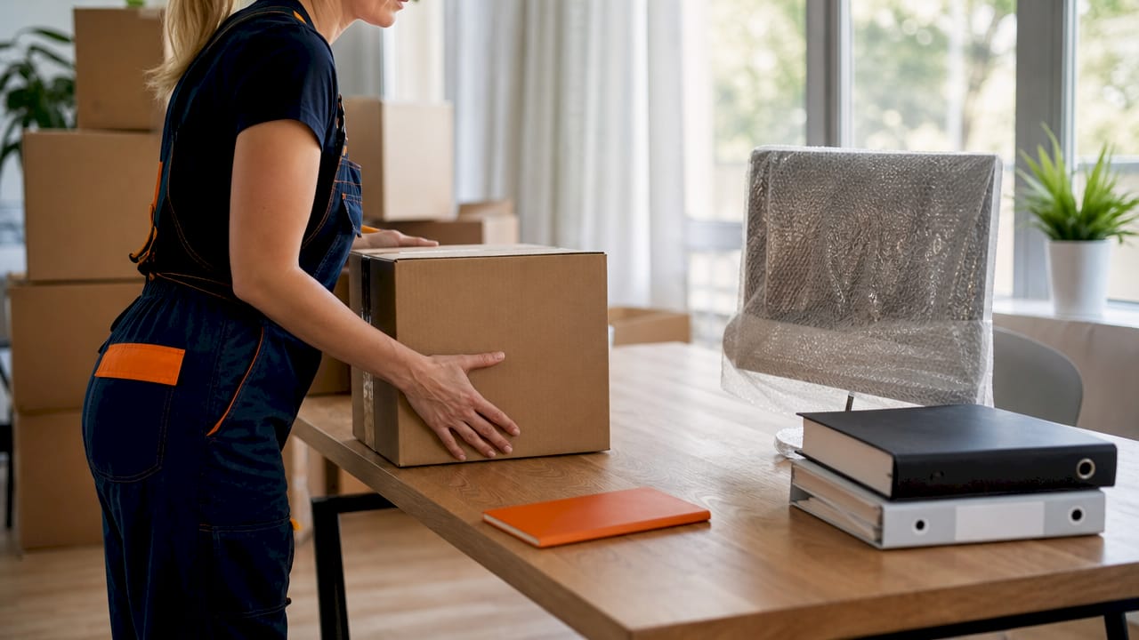 Close-up of office items carefully packed in van