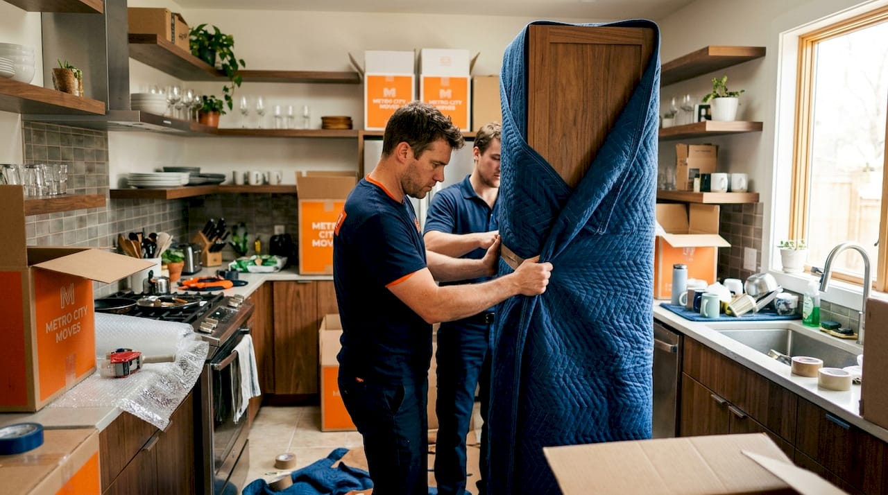 Movers wrapping furniture in one-bedroom apartment
