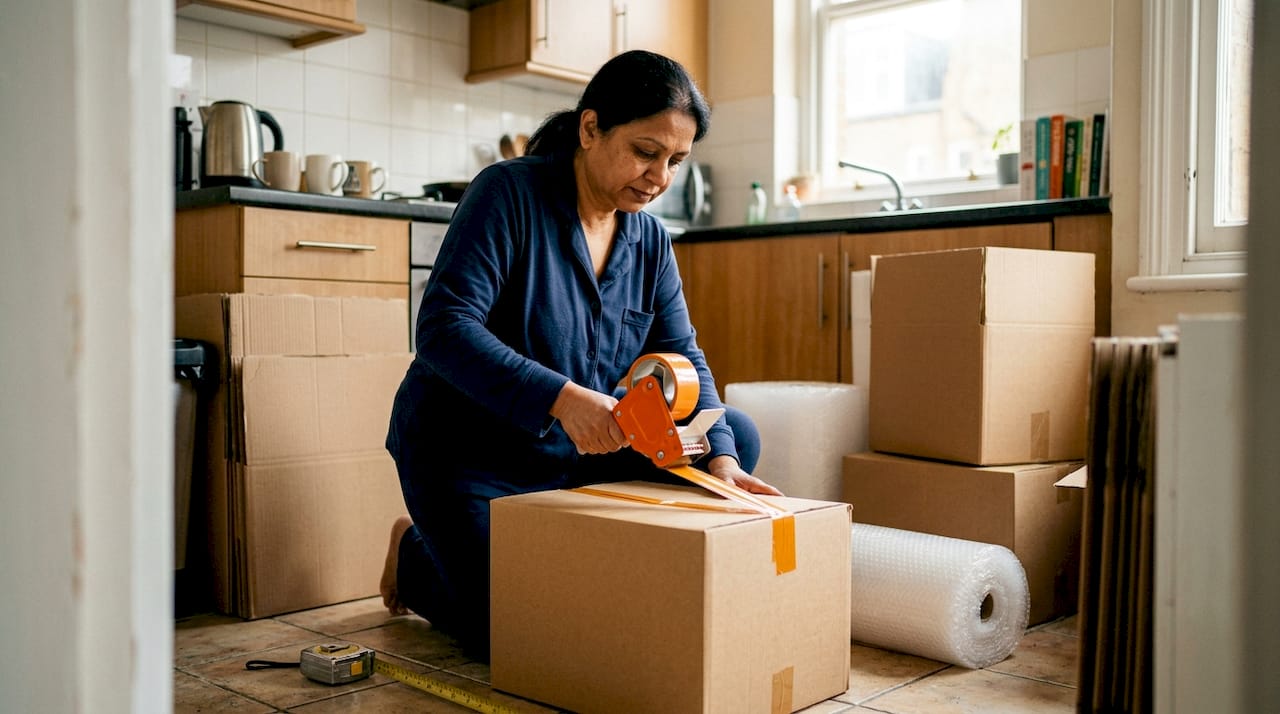 Woman sealing box with packing tape in London flat