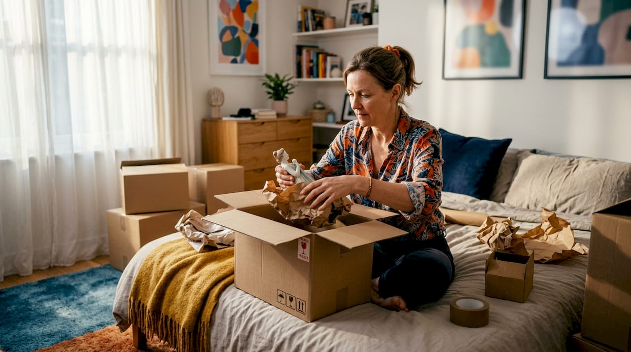 Woman carefully packing boxes in living room