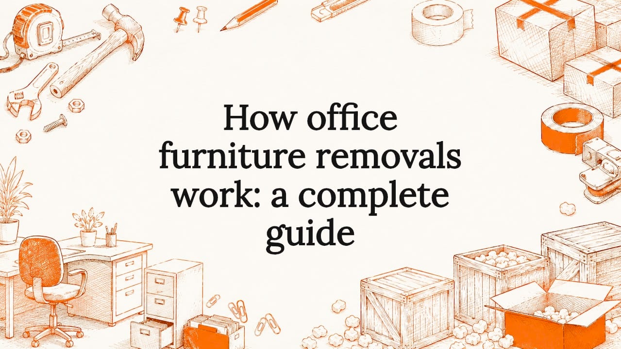 Decorative hand-drawn office moving title card illustration