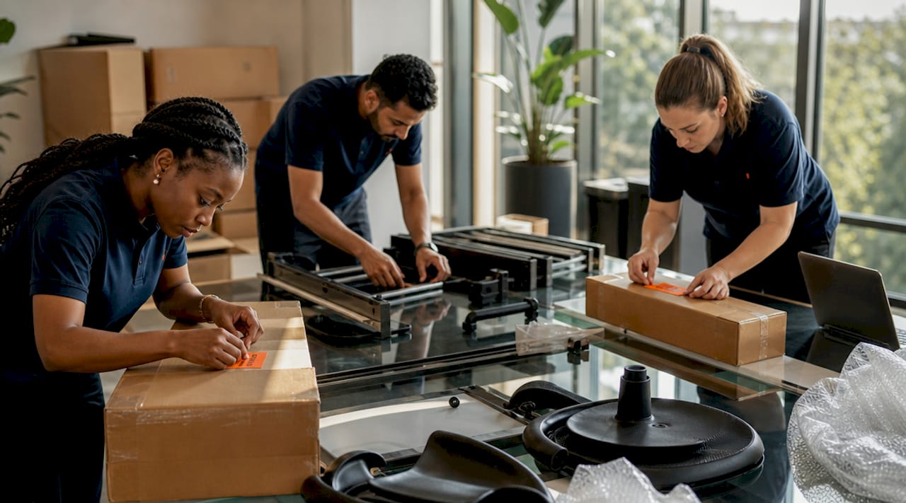 Workers applying labels to disassembled office furniture