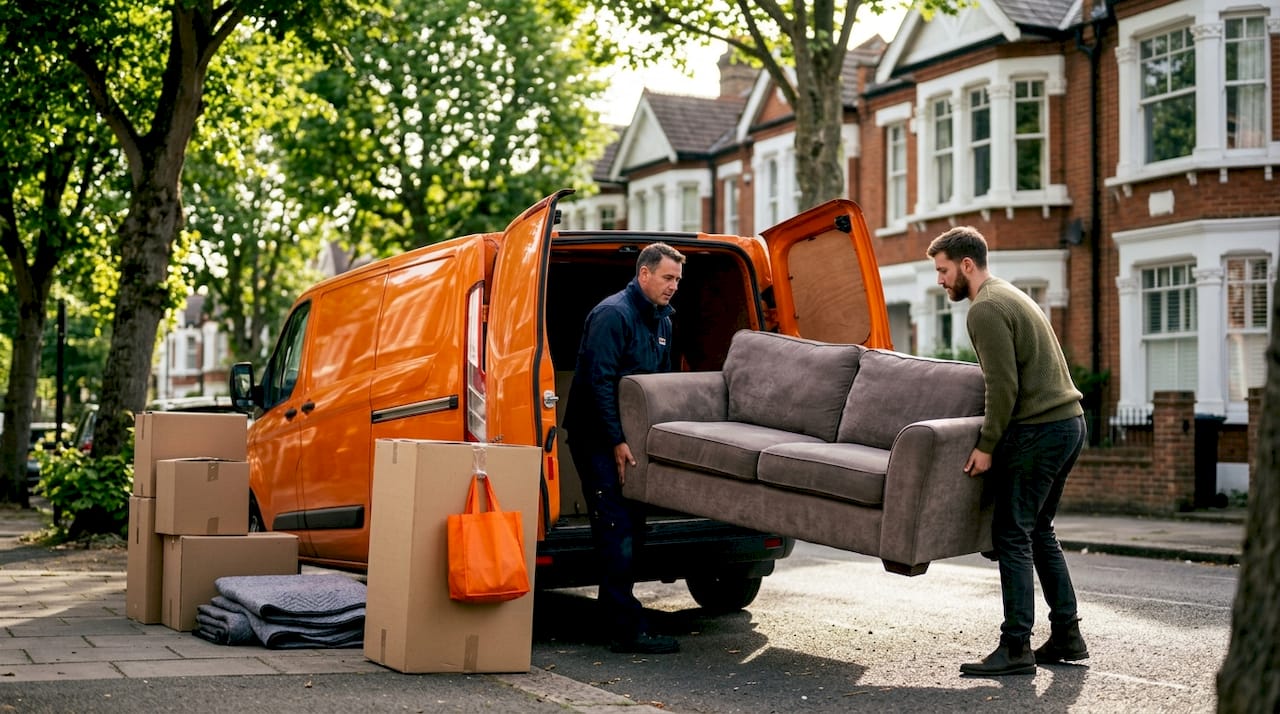 Driver helping load a sofa into van