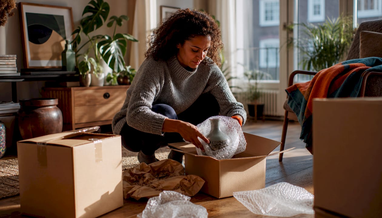 Woman packing decorative items in London reception room