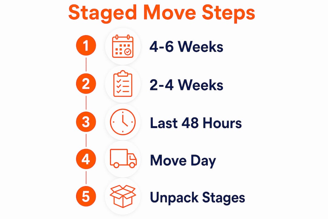 Infographic illustrating staged moving steps process