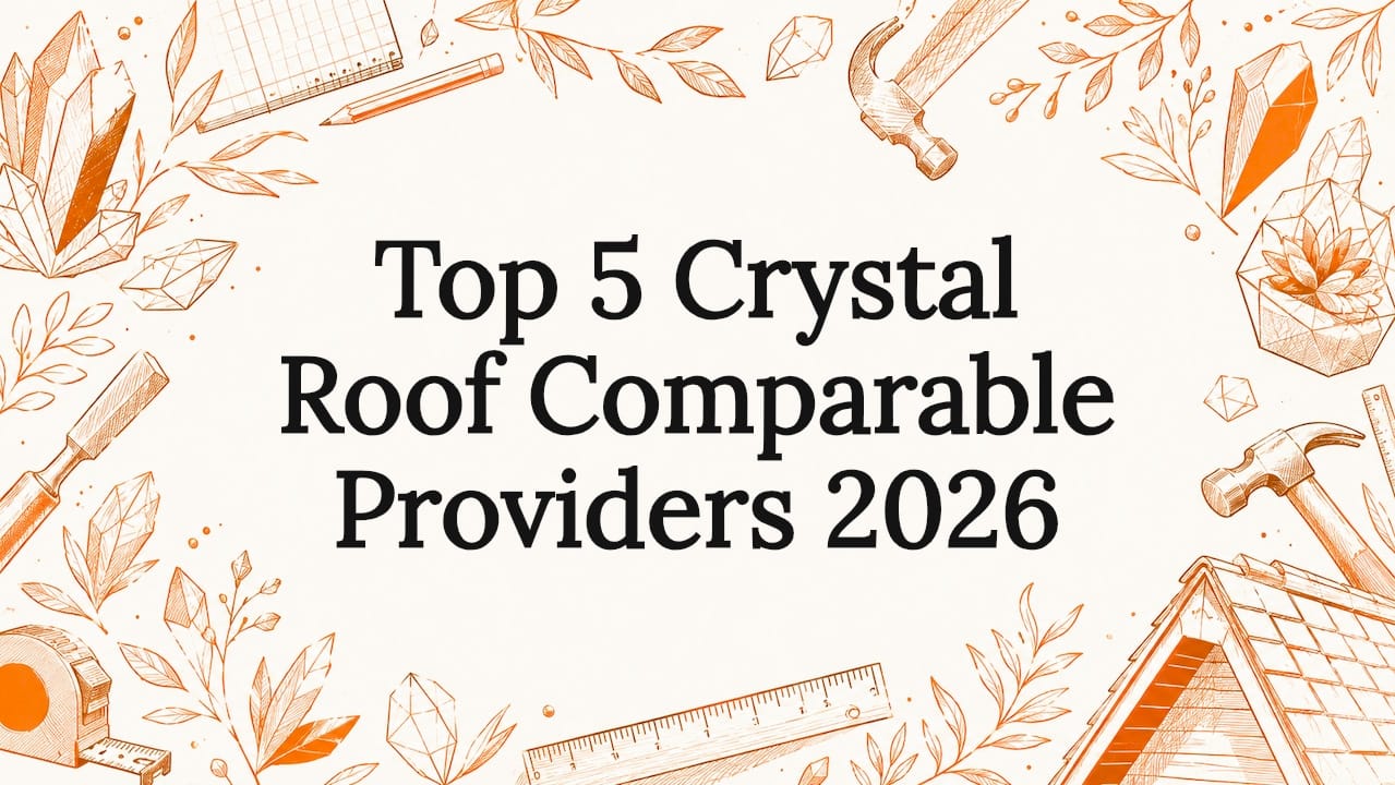 Decorative title card with crystal and roofing illustrations