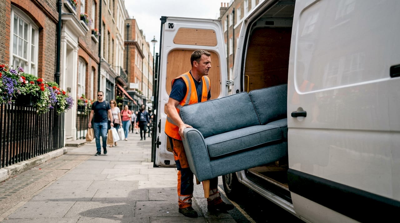 Charity worker loading sofa into furniture pickup van
