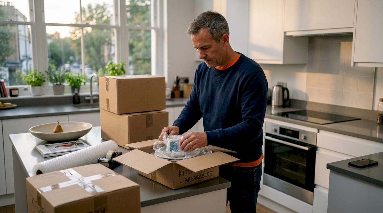 Person packing boxes in living room for storage