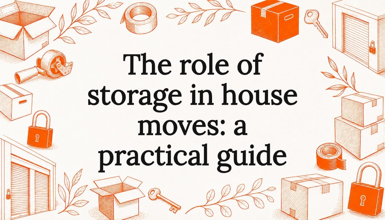 Illustrated decorative title card with moving and storage items framing text area