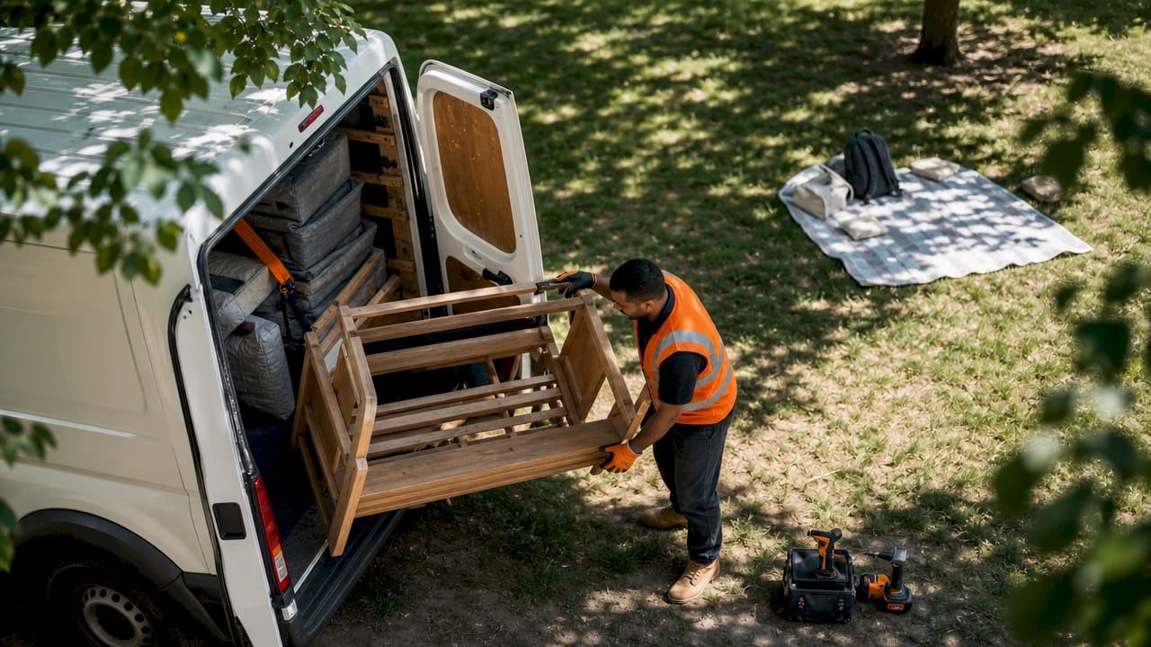 Furniture delivery man loading van outside London home