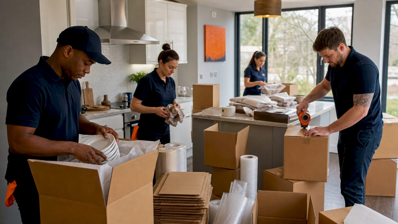 Professional team packing household items